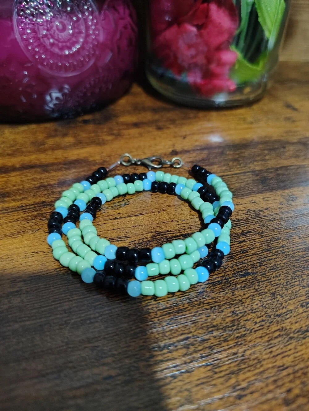Handmade Green, Black & Light Blue Beaded Men's Necklace